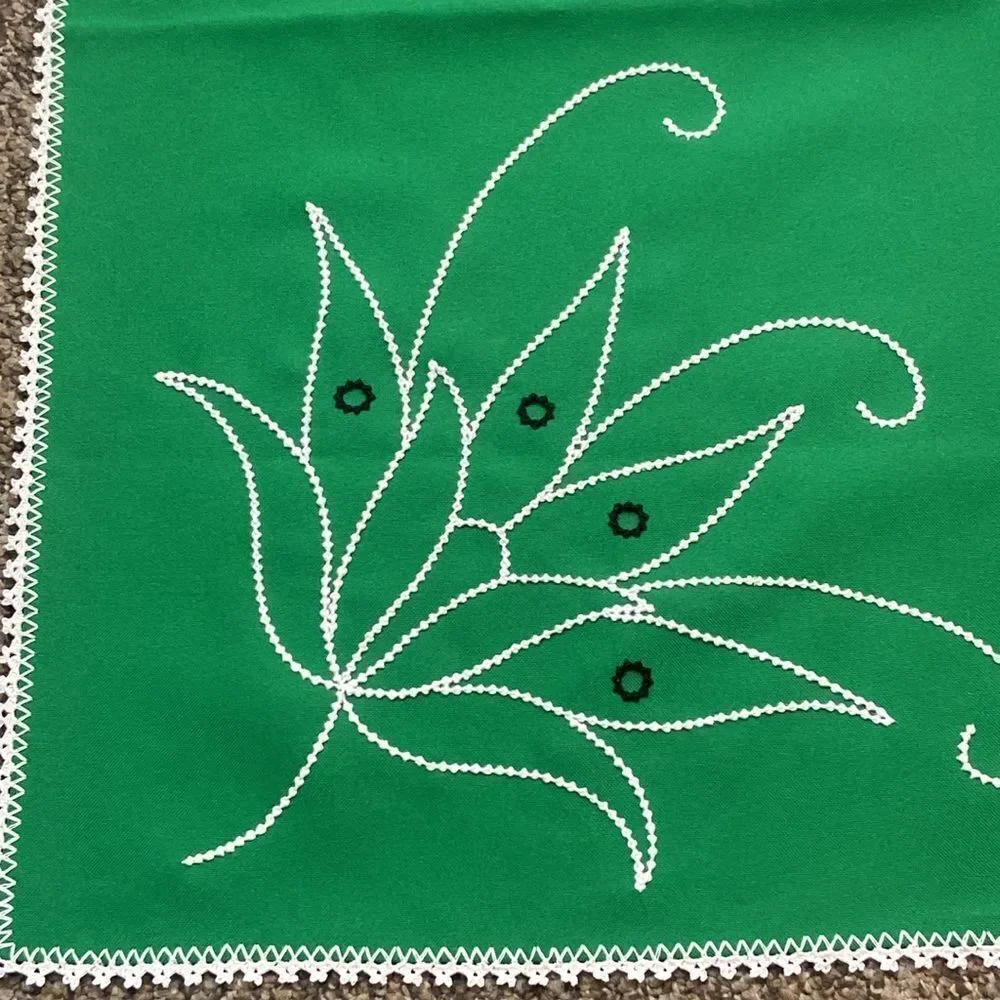 Vintage Handmade Green Decorative Tablecloth with White Embroidery